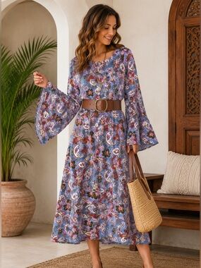 Lanidor Collection Boho Paisley Bell Sleeve Midi Dress XL 100% Viscose
